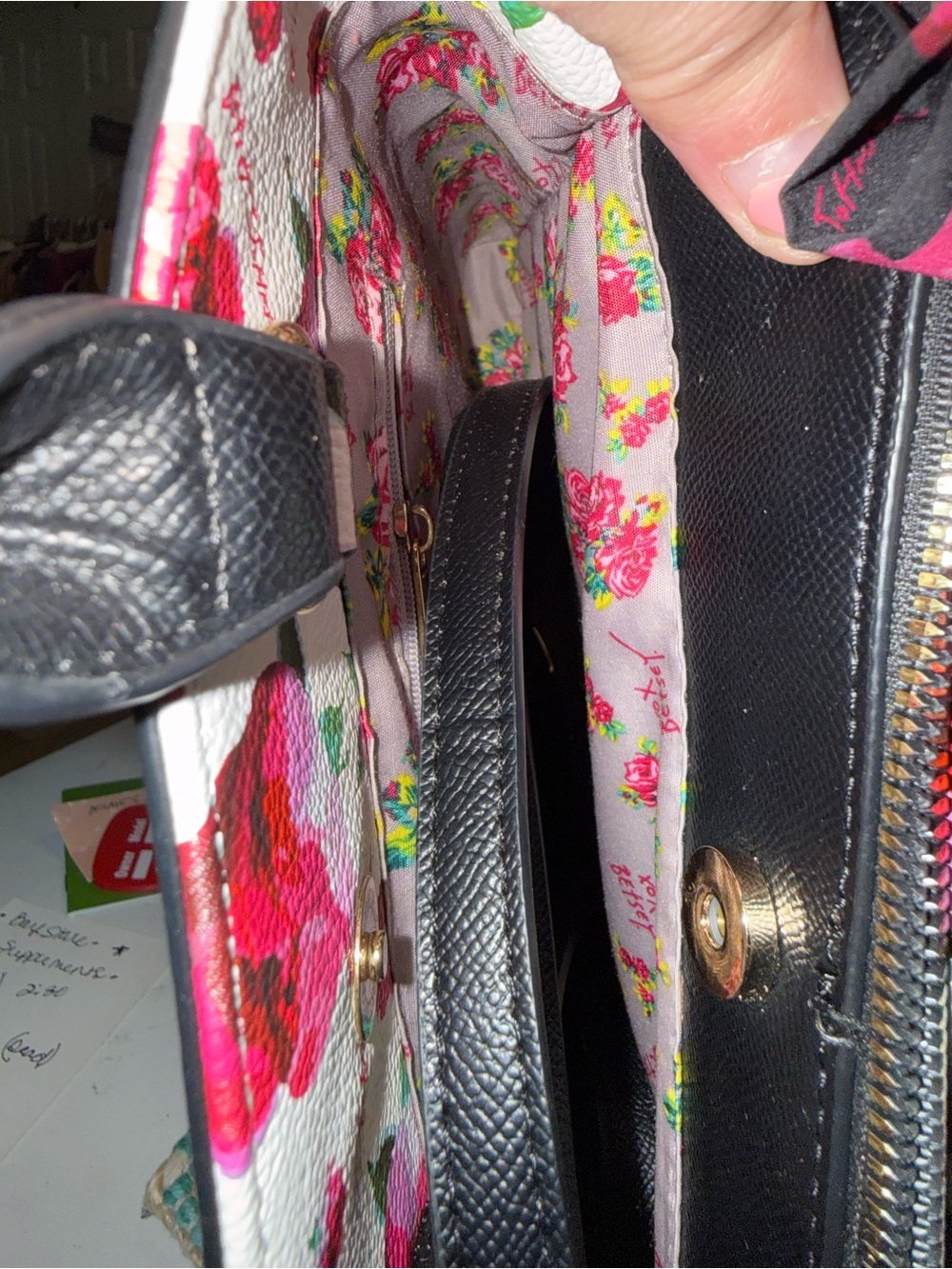 🌻NEW🌻Betsey Johnson Black Satchel with Pink Floral Scarf Accent - Picture 5 of 6